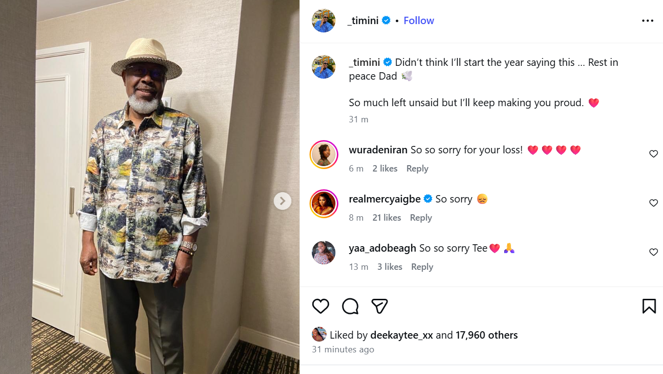 Actors Dakore and Timini Egbuson lose their father